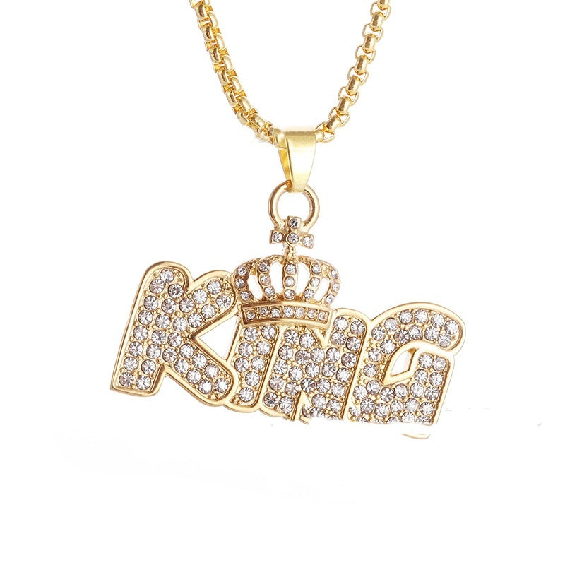 Gold Plated Crown KING Letter Hanging Necklace